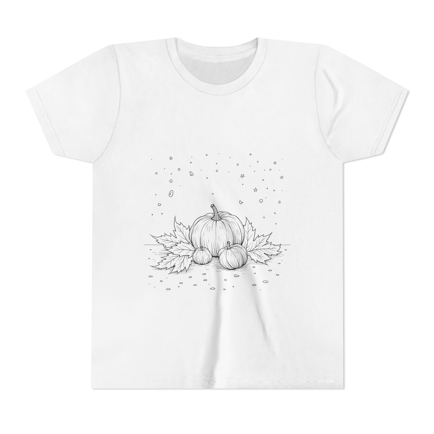 "White t-shirt featuring a simple black graphic design of two pumpkins and leaves on the front, in a minimalist style."