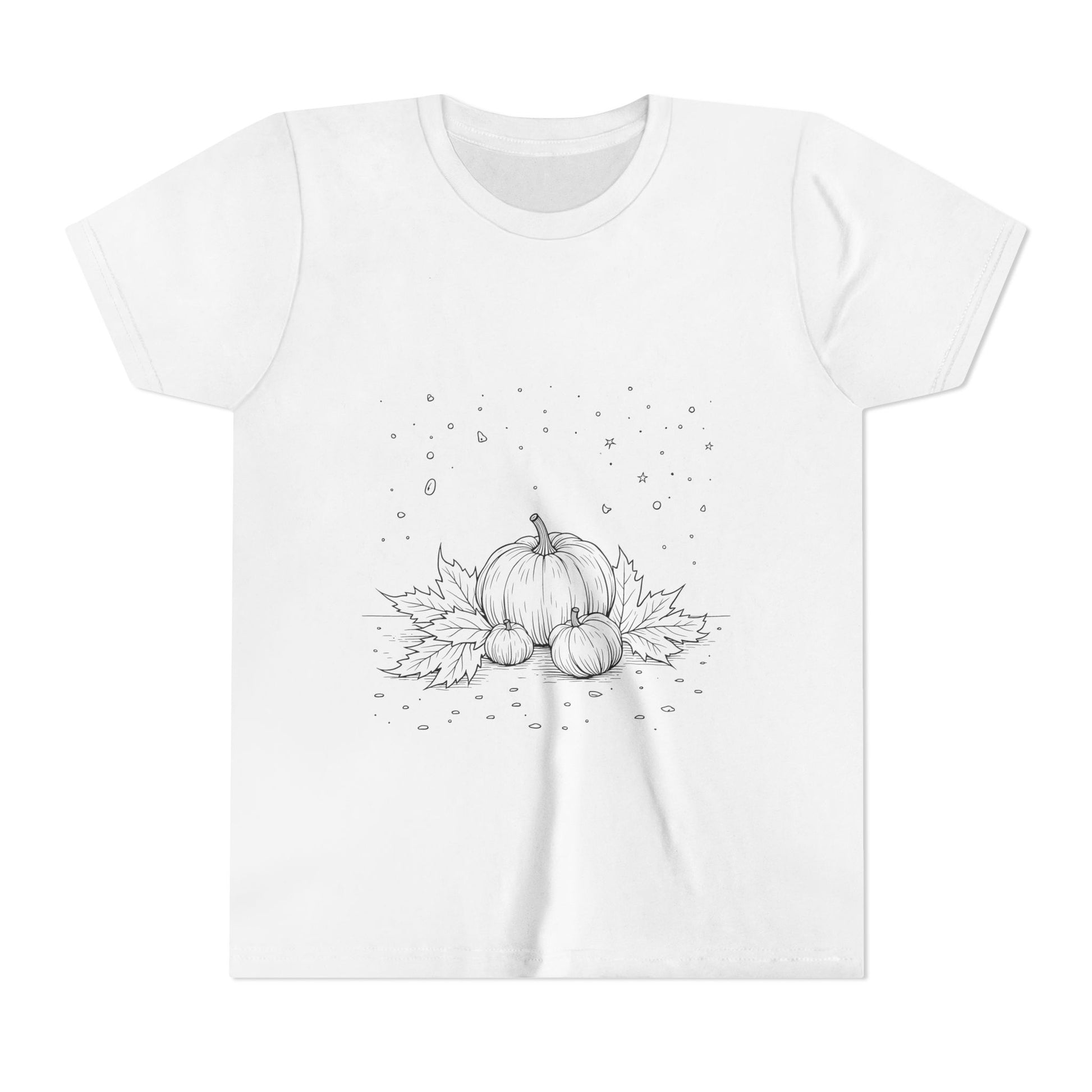 "White t-shirt featuring a simple black graphic design of two pumpkins and leaves on the front, in a minimalist style."