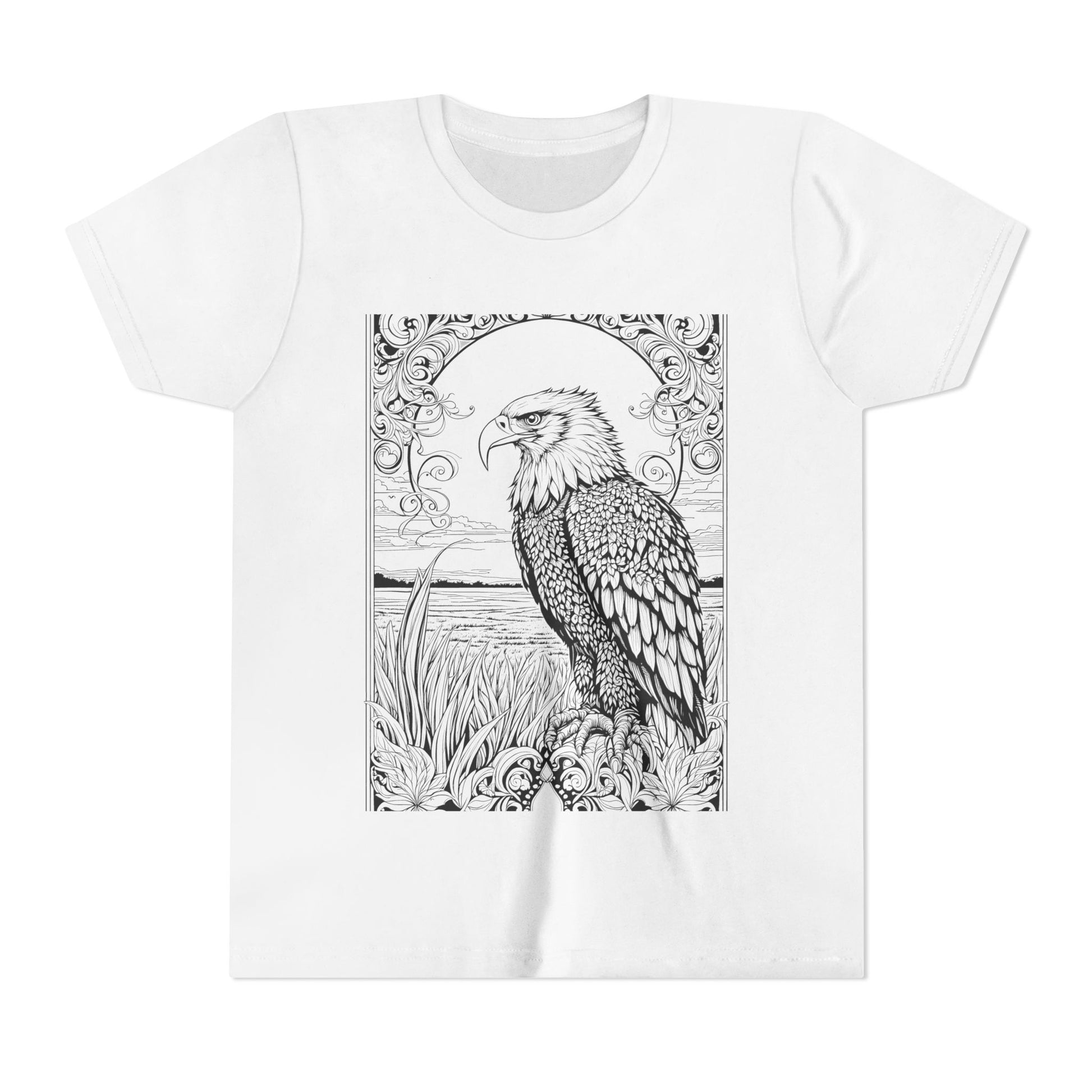 "White T-shirt featuring a black and white illustration of an eagle perched on a branch against a sunset background."