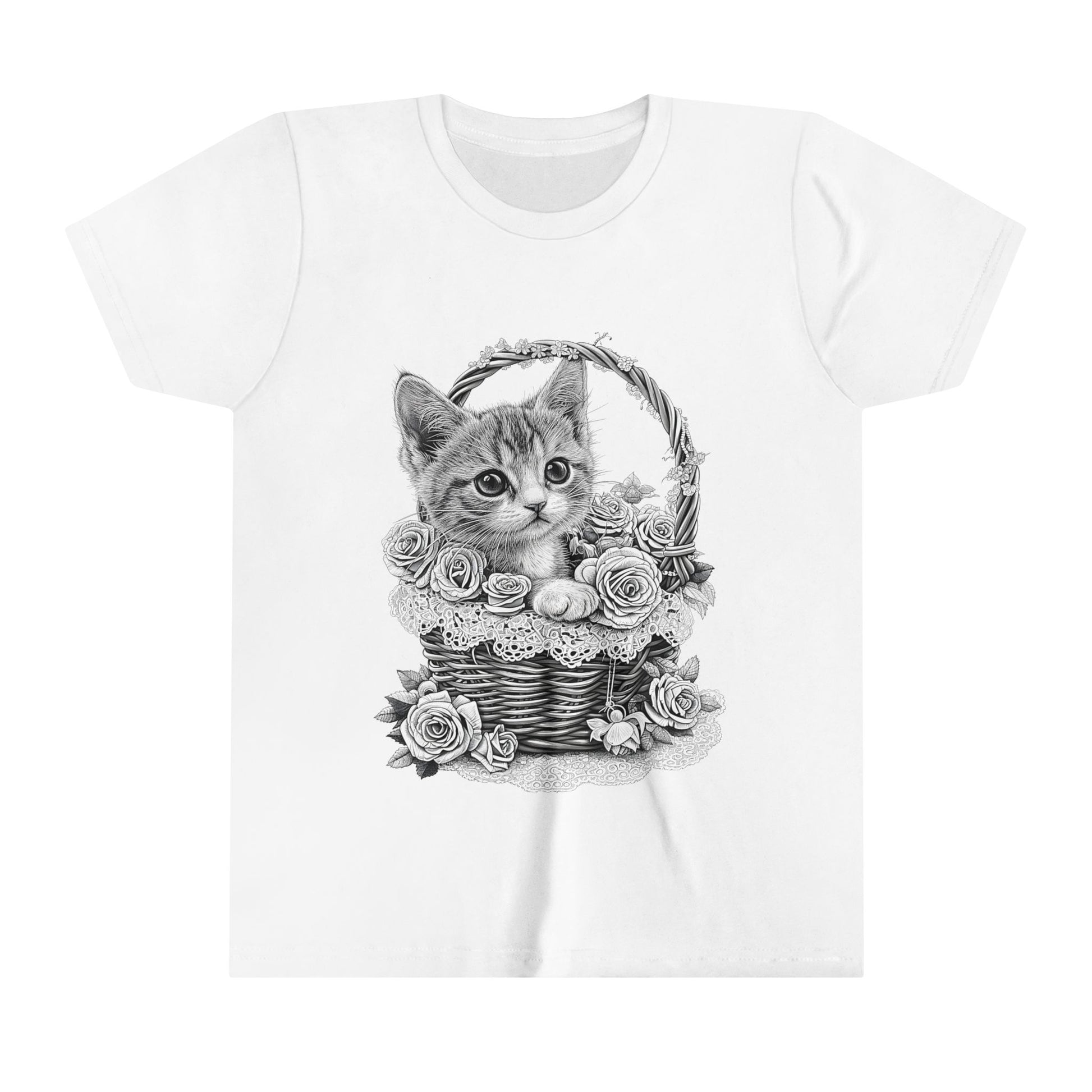 "White T-shirt featuring a graphic print of a black and gray cat in a floral basket with pink roses and green foliage."