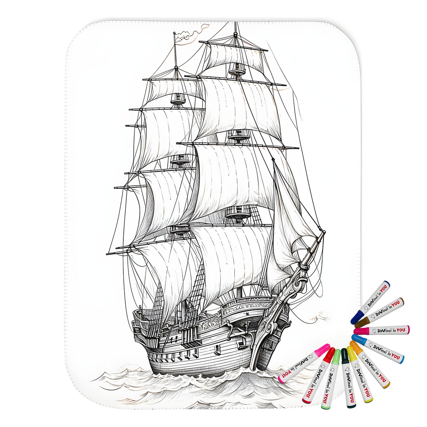Intricate historic vessel illustration blanket with colorful fabric markers