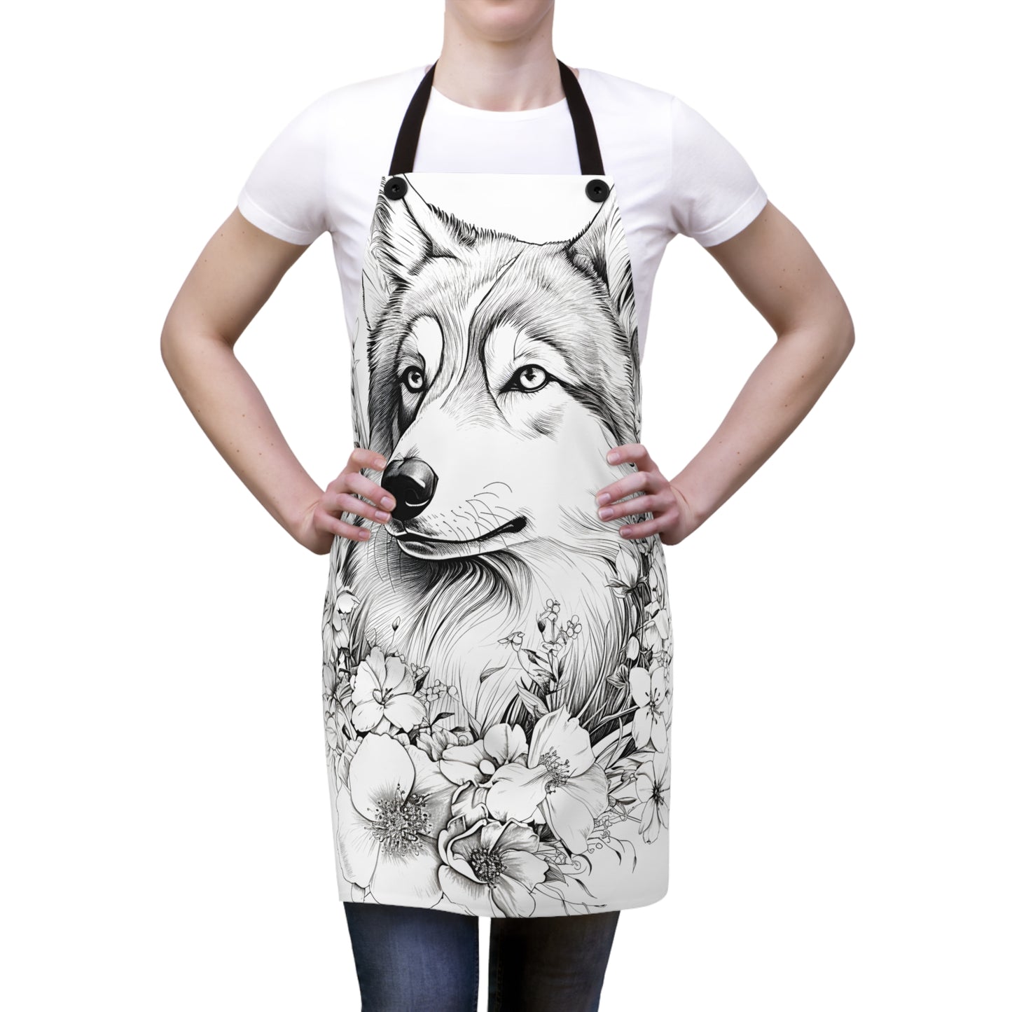 Apron Coloring Kit with 10 Fabric Markers - Wolf with Flowers