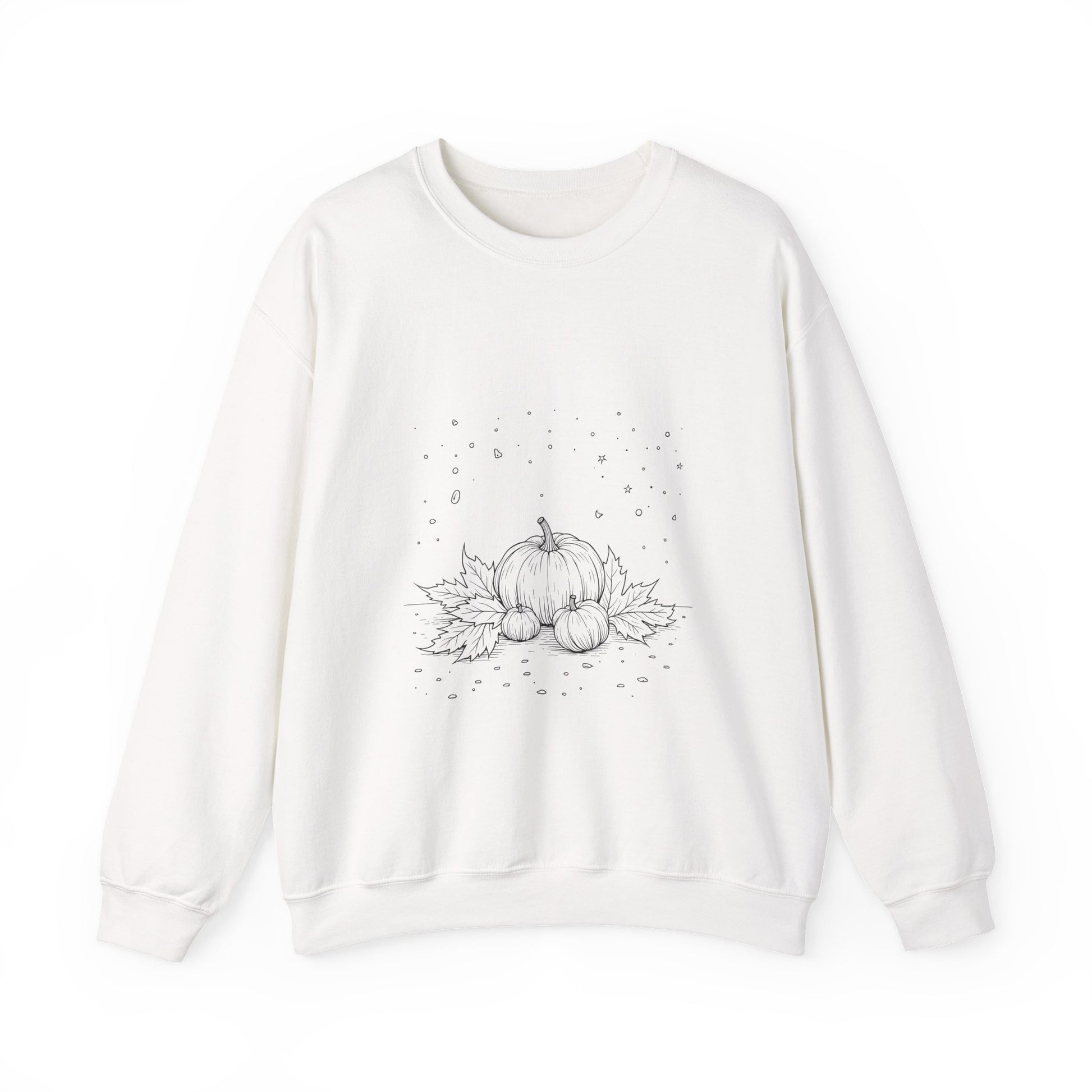 "White long-sleeve sweatshirt featuring an illustration of two pumpkins, a small plant, and star-like shapes in black and gray graphic design."