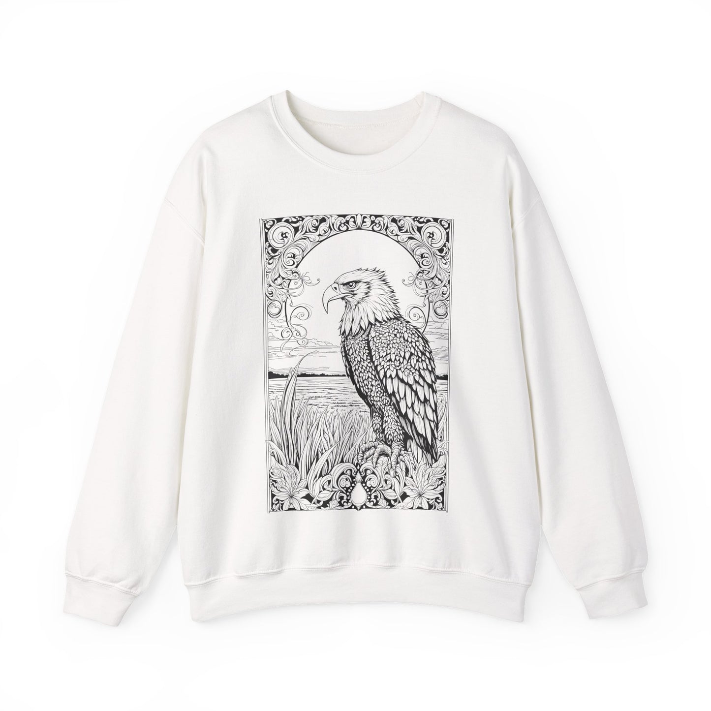 "White sweatshirt featuring a black graphic design of a bird and plant pattern."