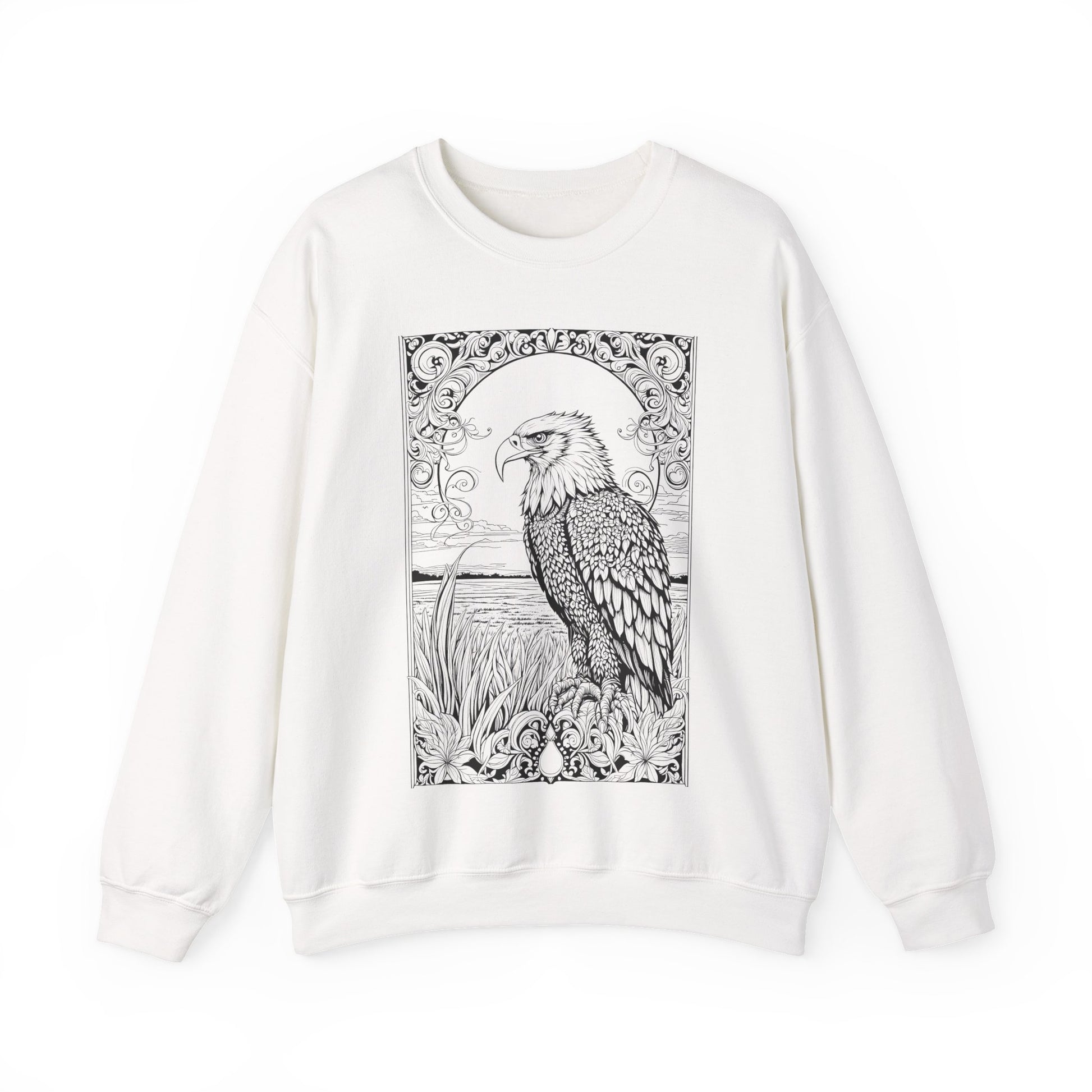 "White sweatshirt featuring a black graphic design of a bird and plant pattern."