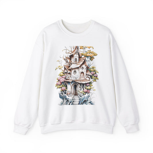 "Whimsical illustration of a cottage with gabled windows, surrounded by pink trees and colorful wildflowers in a fairytale garden setting on a white sweatshirt."