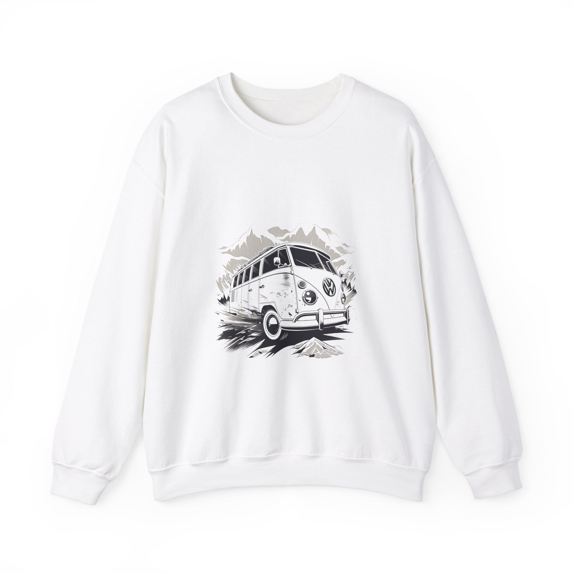 "White sweatshirt with vintage camper van graphic print in black and gray on front"