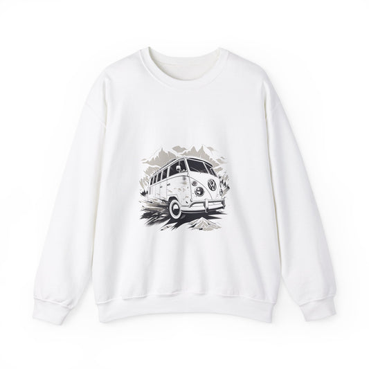 "White sweatshirt with vintage camper van graphic print in black and gray on front"