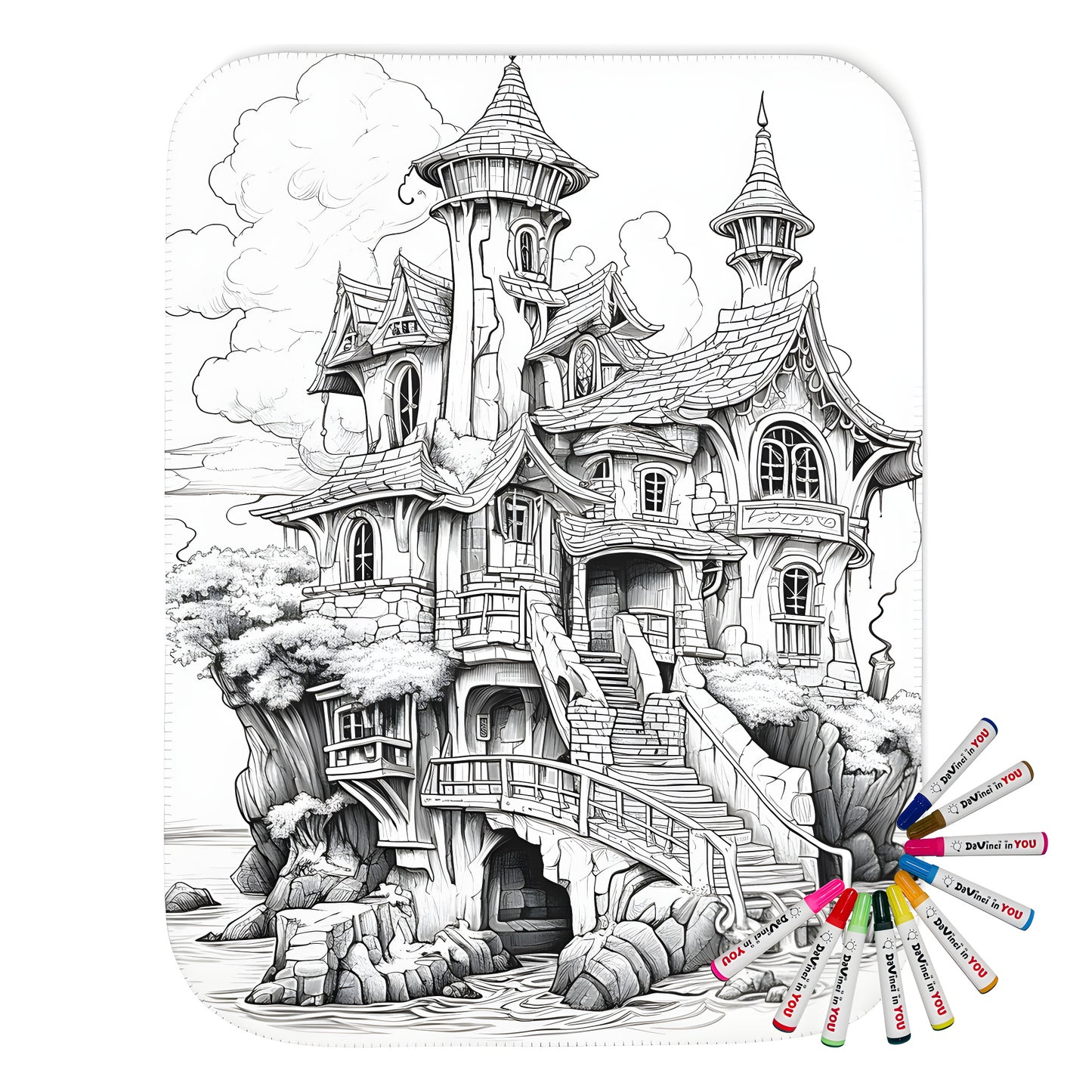 Whimsical blanket featuring an enchanting medieval castle scene with towers, trees, and fluffy white clouds