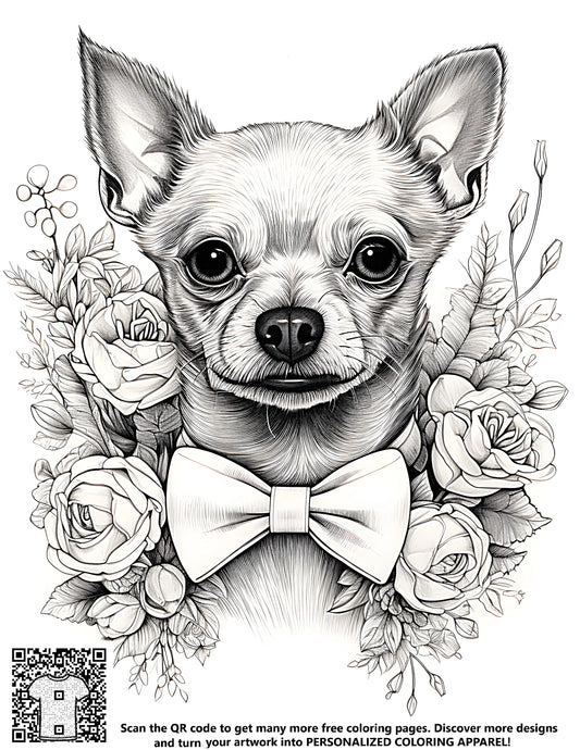 FREE Chihuahua with Bow Tie and Roses Coloring Page - Download NOW