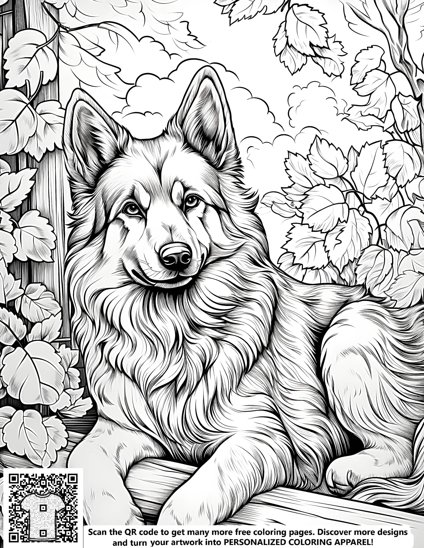 FREE German Shepherd Coloring Page - Printable Dog Resting on Fence with Leaves Download