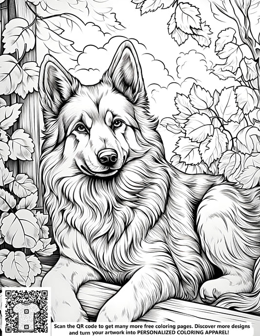 FREE German Shepherd Coloring Page - Printable Dog Resting on Fence with Leaves Download