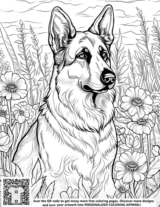 FREE German Shepherd Coloring Page with Flowers and Plants - Printable Download