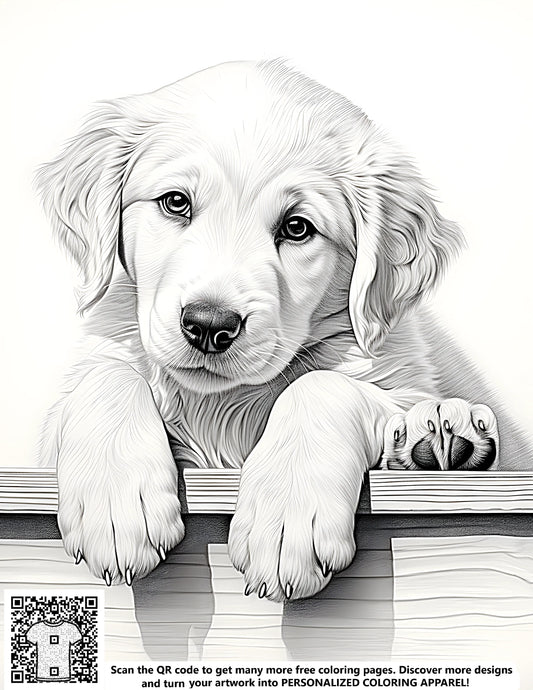 A free coloring page featuring a highly detailed and realistic black-and-white drawing of an adorable puppy resting its paws on a wooden ledge. Perfect for kids and adults alike to color and customize.