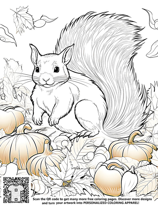 FREE Fall Squirrel Coloring Page with Pumpkins and Autumn Leaves Printable