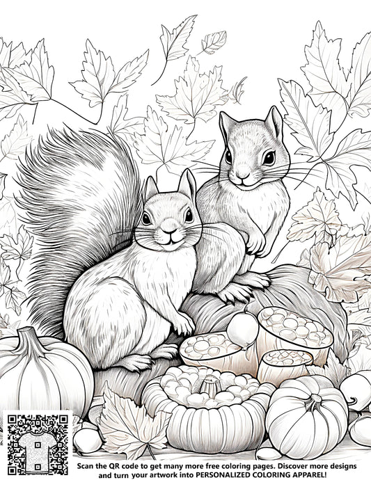 FREE Coloring Page - Two Squirrels with Autumn Leaves and Pumpkins - Download NOW