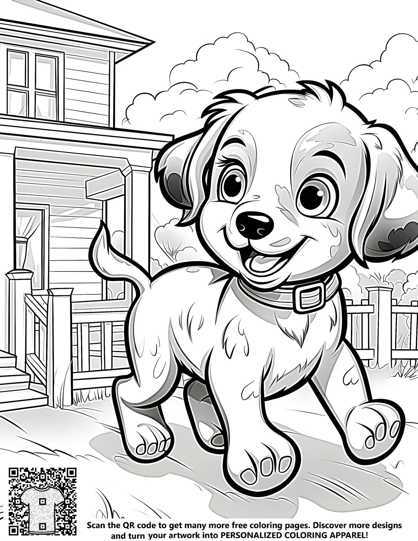 FREE Coloring Page - Cheerful Puppy Running in Yard - Download NOW