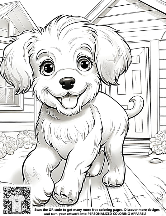 Coloring kit featuring a happy puppy running towards the viewer