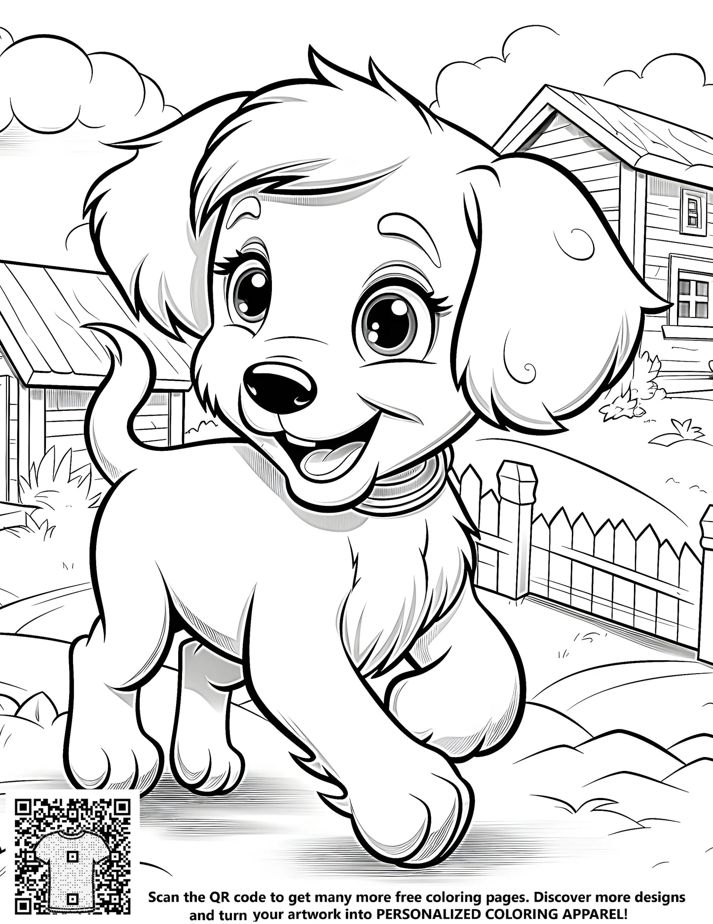 FREE Coloring Page - Cheerful Puppy Playing in Yard with Houses - Download NOW