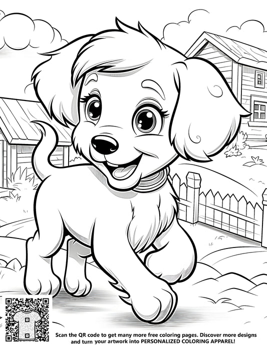 FREE Coloring Page - Cheerful Puppy Playing in Yard with Houses - Download NOW