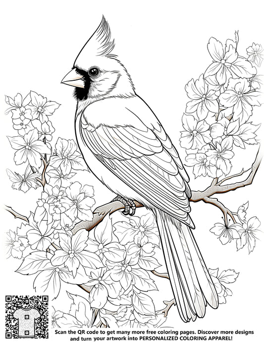 FREE Cardinal Bird Coloring Page with Blooming Flowers - Printable Download