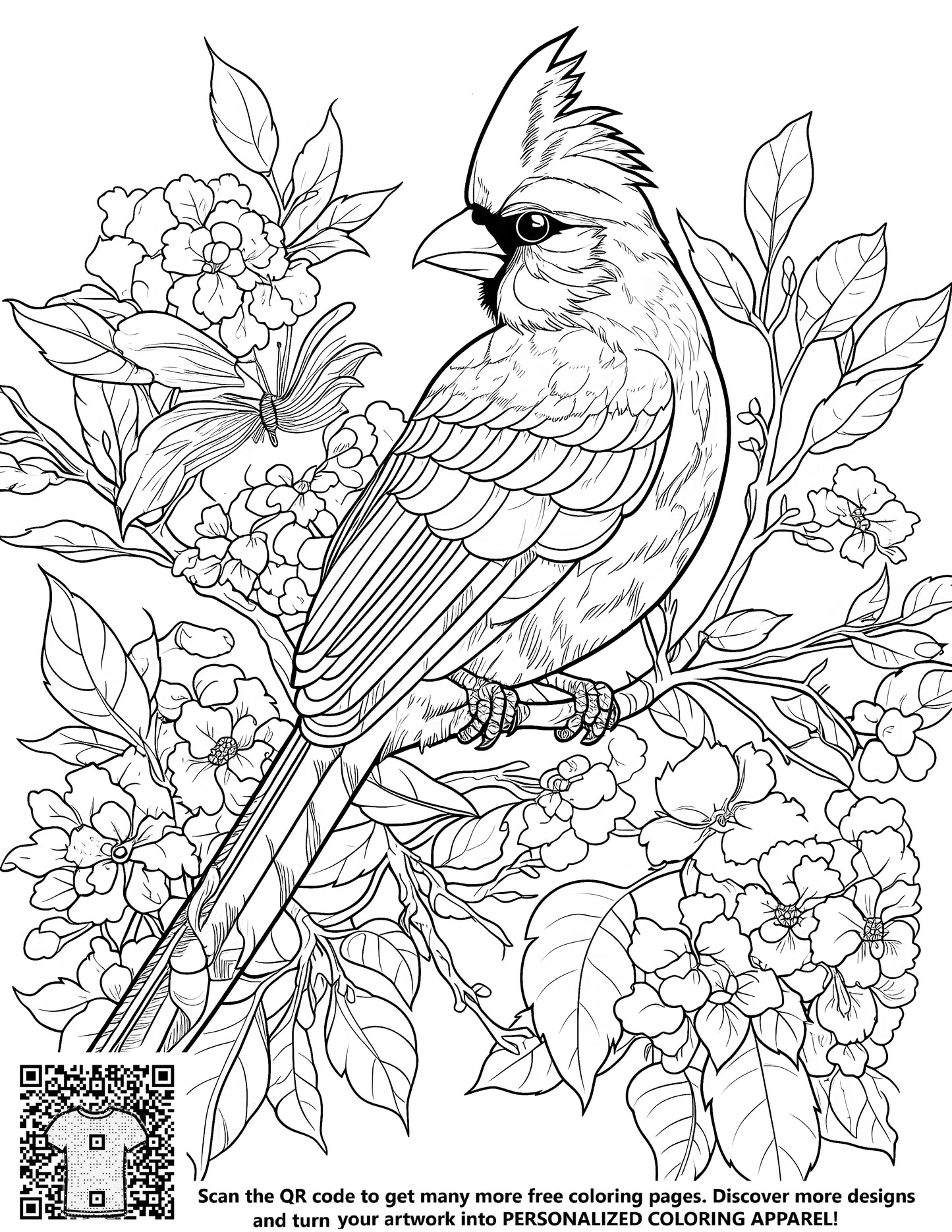 FREE Cardinal Coloring Page - Detailed Line Art with Flowers and Leaves - Printable Download