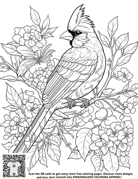 FREE Cardinal Coloring Page - Detailed Line Art with Flowers and Leaves - Printable Download