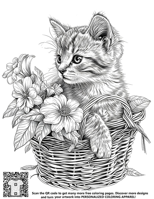 FREE Kitten in Wicker Basket with Flowers Coloring Page - Download NOW