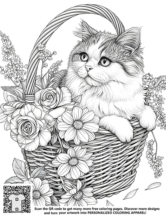 FREE Cat in Flower Basket Coloring Page - Printable Download