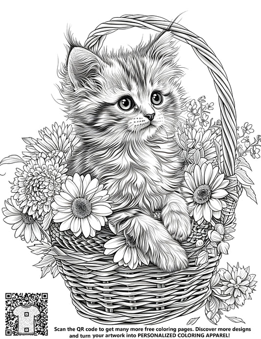 FREE Kitten in Basket with Flowers Coloring Page Download