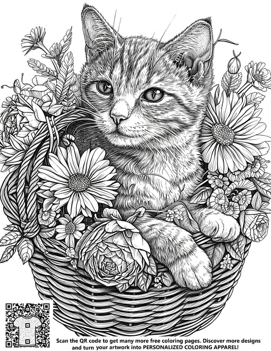 FREE Kitten in Floral Basket Coloring Page - Printable Download