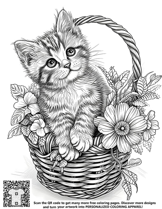 FREE Kitten in Basket with Flowers Coloring Page - Printable Download