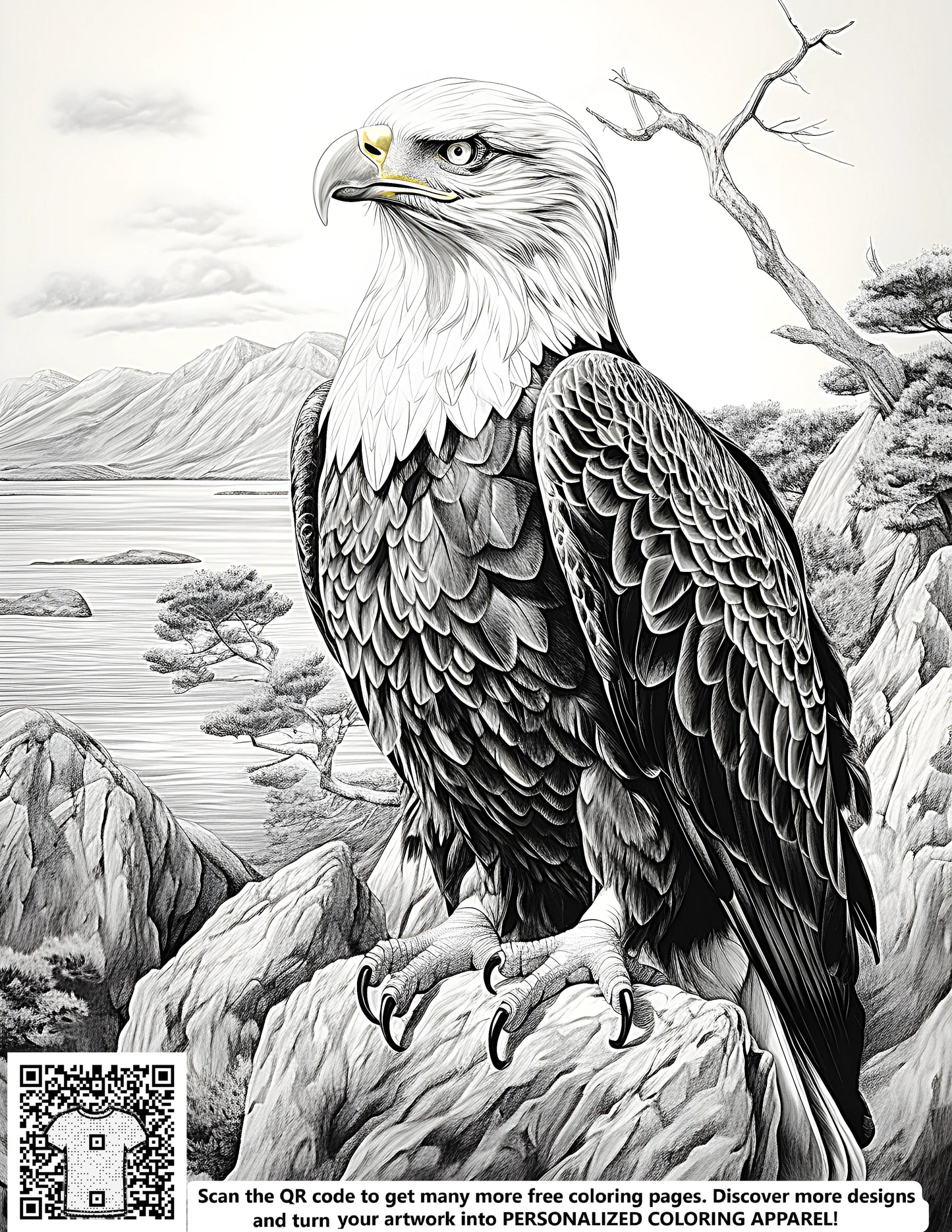 FREE Bald Eagle Coloring Page - Detailed Illustration with Mountains and Trees - Printable Download