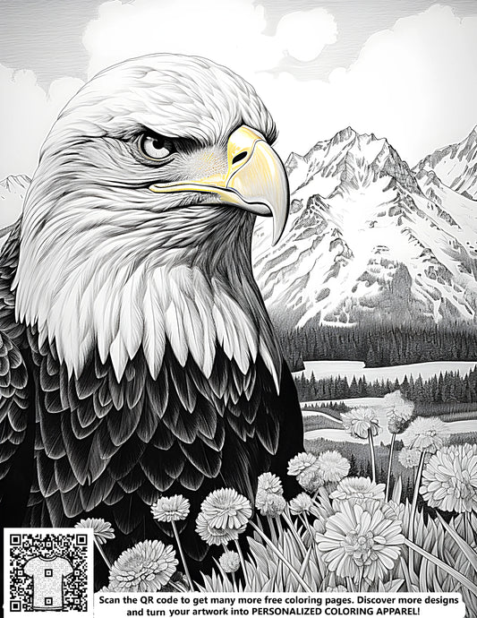 FREE Bald Eagle Coloring Page - Detailed Black and White Drawing with Mountains and Flowers - Printable Download