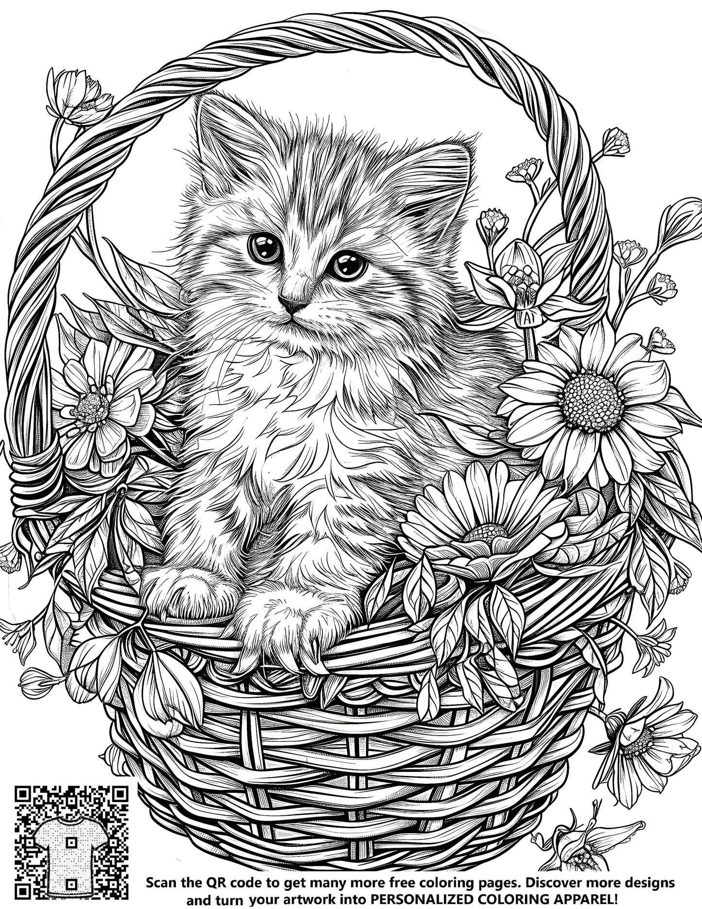 FREE Adorable Kitten in Basket Coloring Page - Printable Download