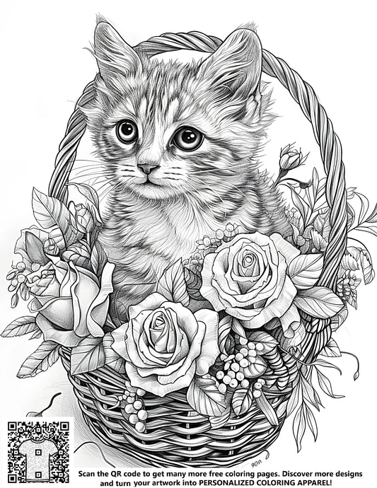 FREE Kitten in Basket of Roses Coloring Page - Realistic Black & White Printable Download