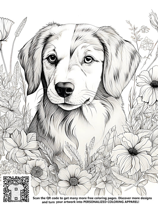 Coloring page illustration of a cute puppy surrounded by flowers