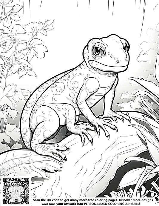 FREE Lizard on Log Jungle Foliage Coloring Page Printable