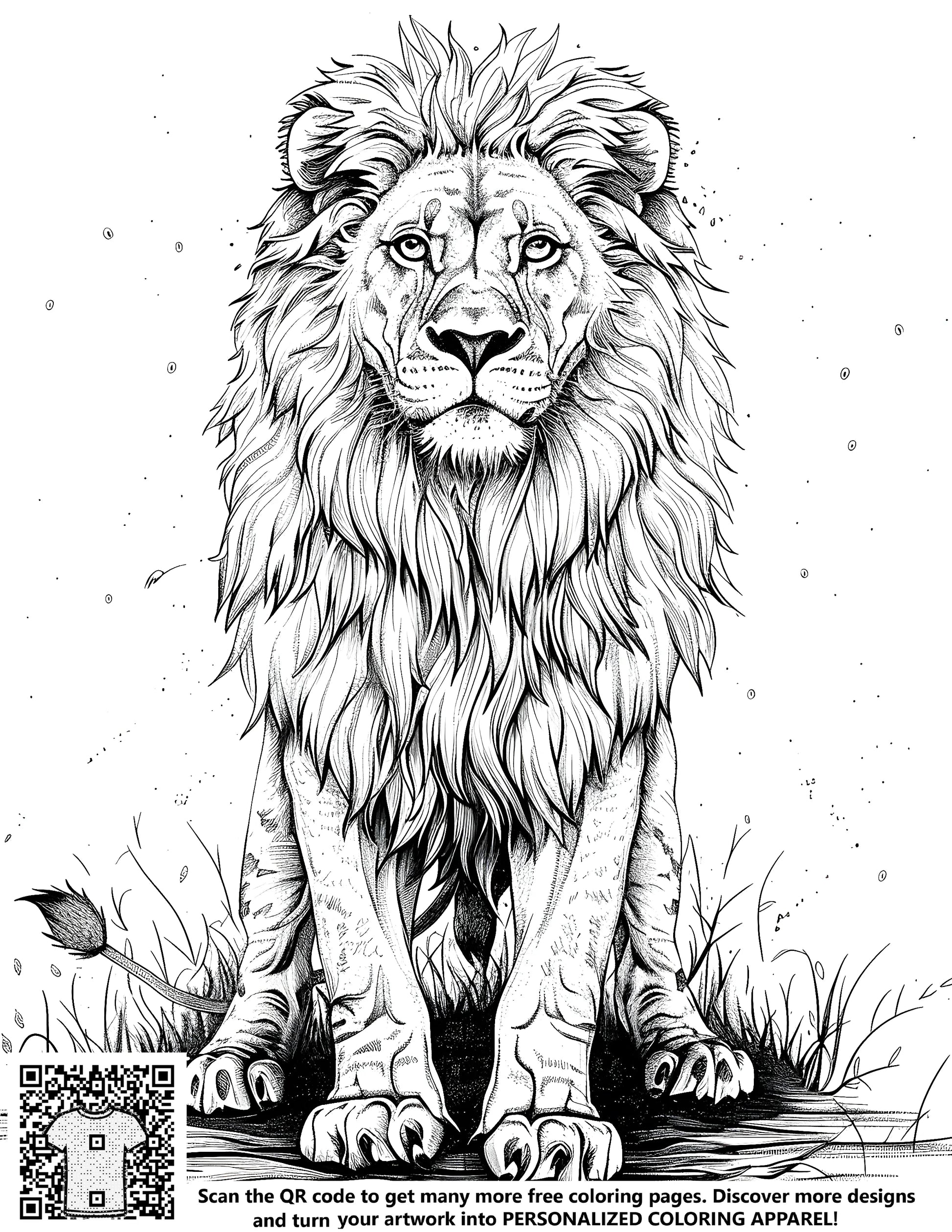 Detailed black and white illustration of a majestic lion with a regal mane, sitting on the ground with a focused expression. Perfect for kids' coloring pages, featuring a stunning image of a king of beasts.