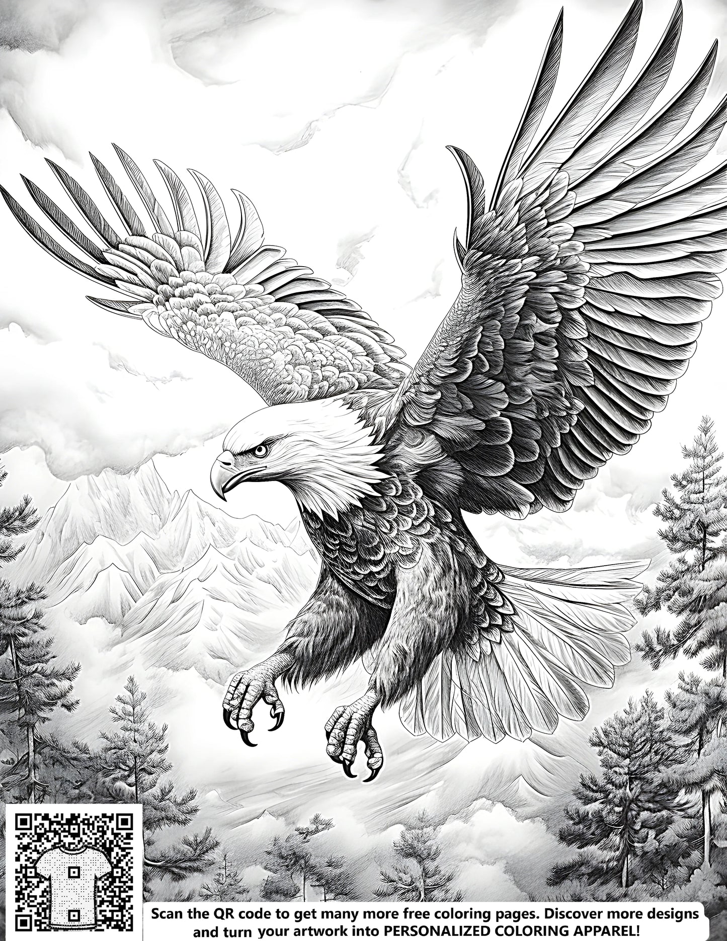 Free coloring page art, bird art, eagle picture, detailed illustration of a soaring eagle with outstretched wings flying over mountains and trees.