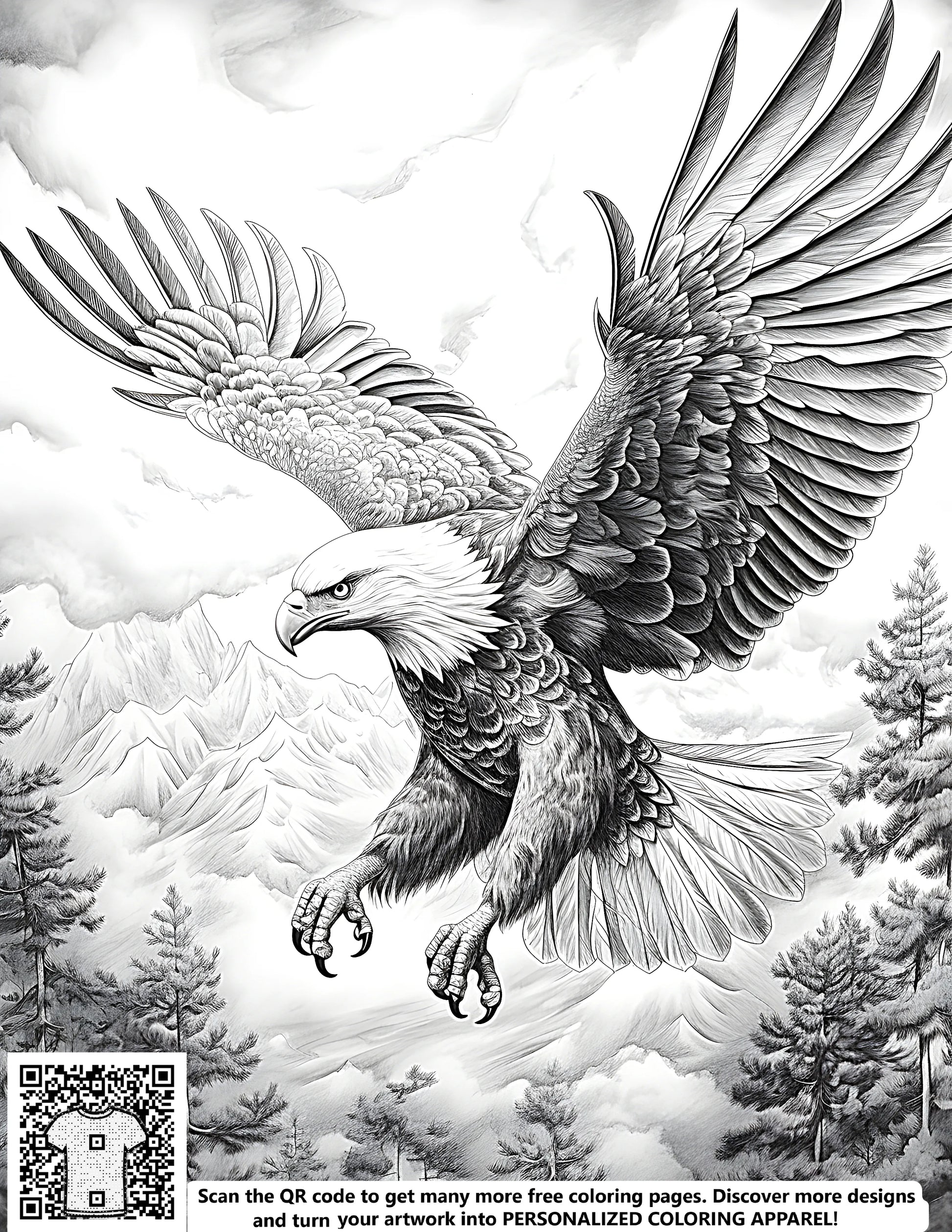 Free coloring page art, bird art, eagle picture, detailed illustration of a soaring eagle with outstretched wings flying over mountains and trees.