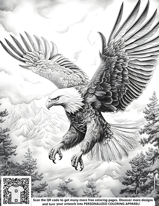 FREE Eagle Coloring Page - Detailed Black-and-White Drawing with Outstretched Wings Over Mountains and Trees - Download NOW