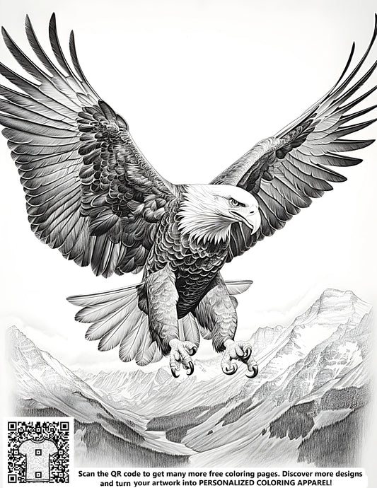 FREE Eagle Coloring Page - Printable Black and White Illustration of Flying Eagle Over Mountains