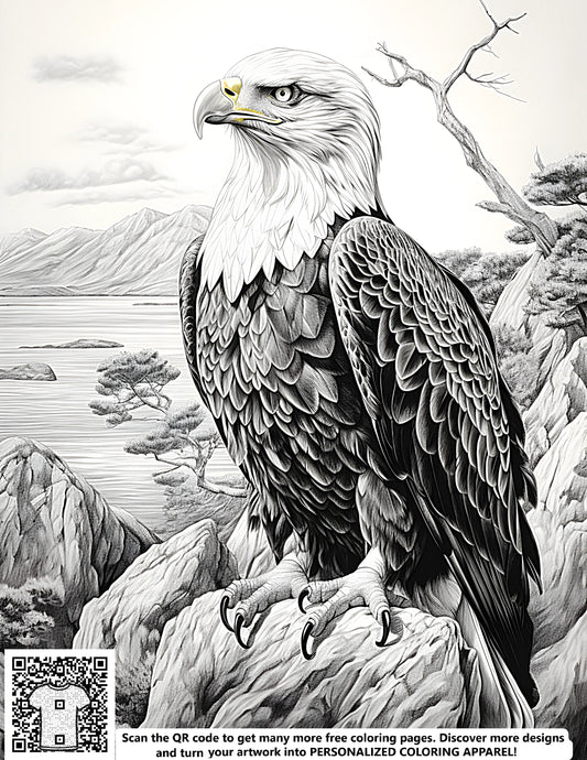 FREE Eagle Coloring Page - Detailed Sketch with Mountains and Trees - Download NOW