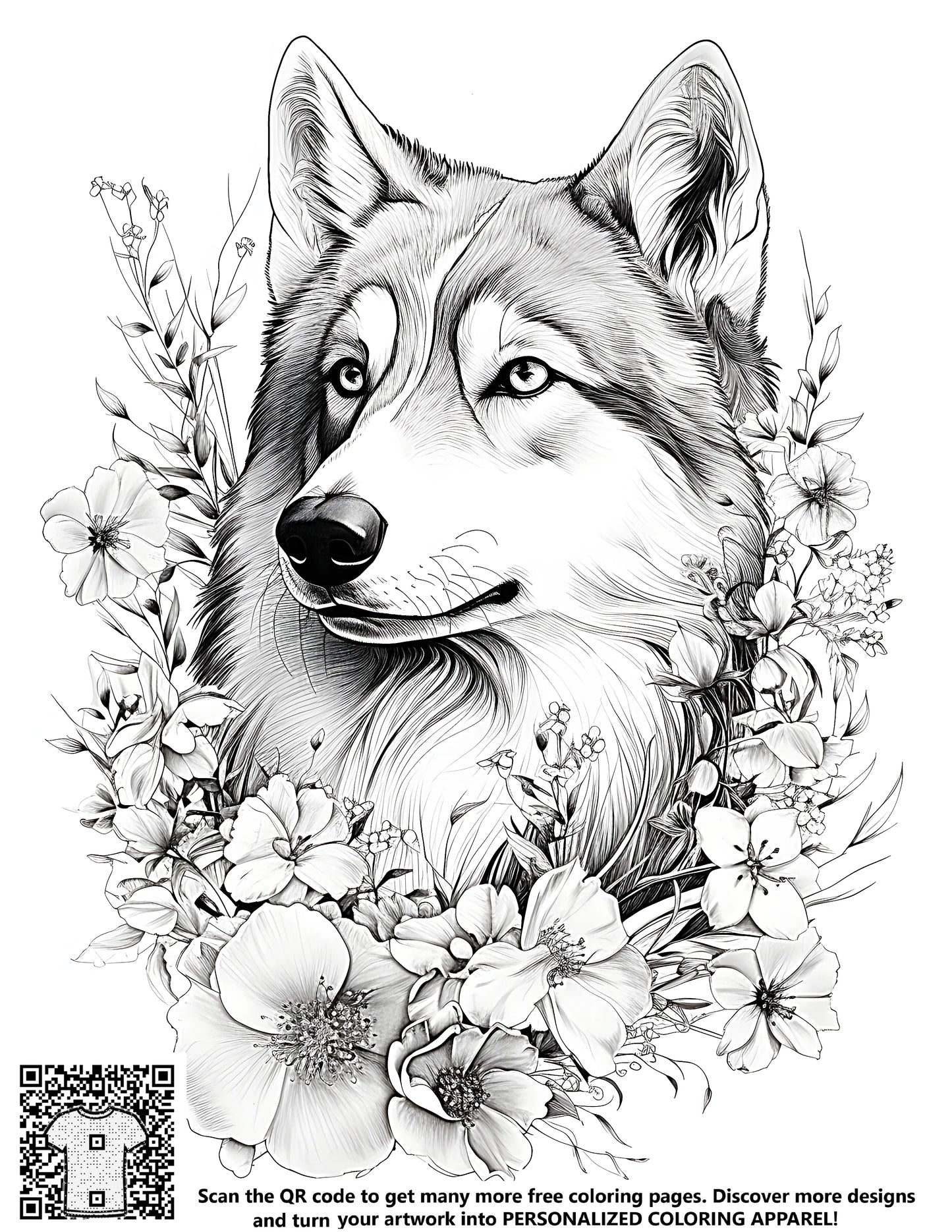 Wolf coloring page with flowers, free coloring book illustration