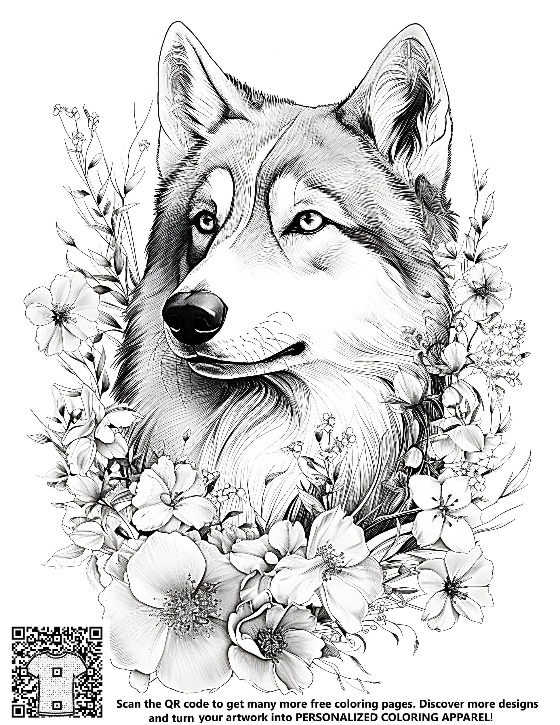 Wolf coloring page with flowers, free coloring book illustration