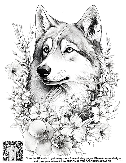 FREE Majestic Wolf with Flowers Coloring Page Download