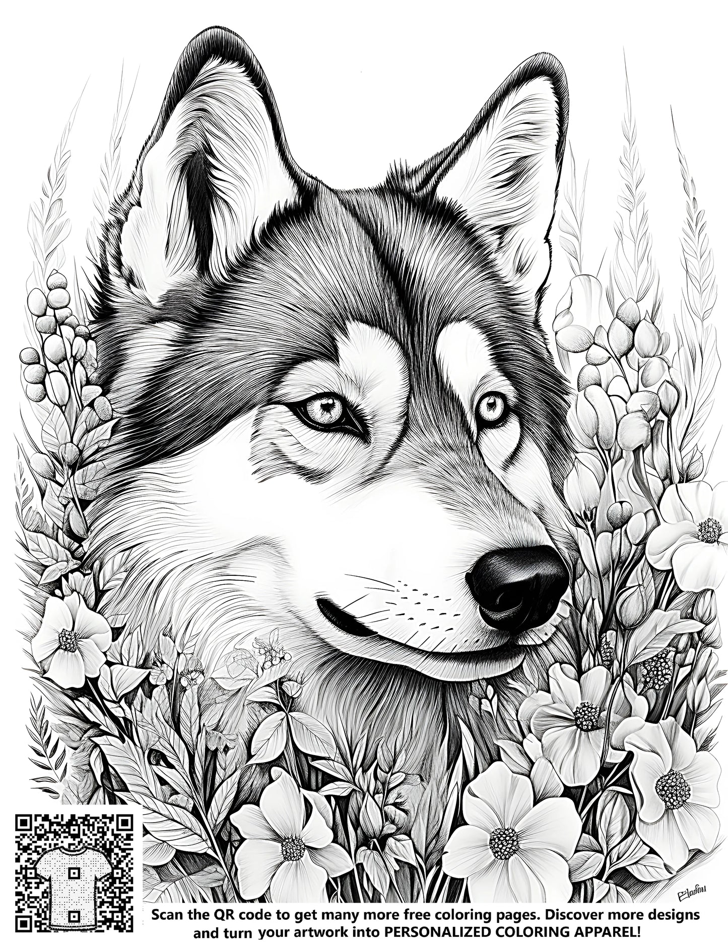 Detailed black and white sketch of wolf's face amidst nature scene with colorful flowers