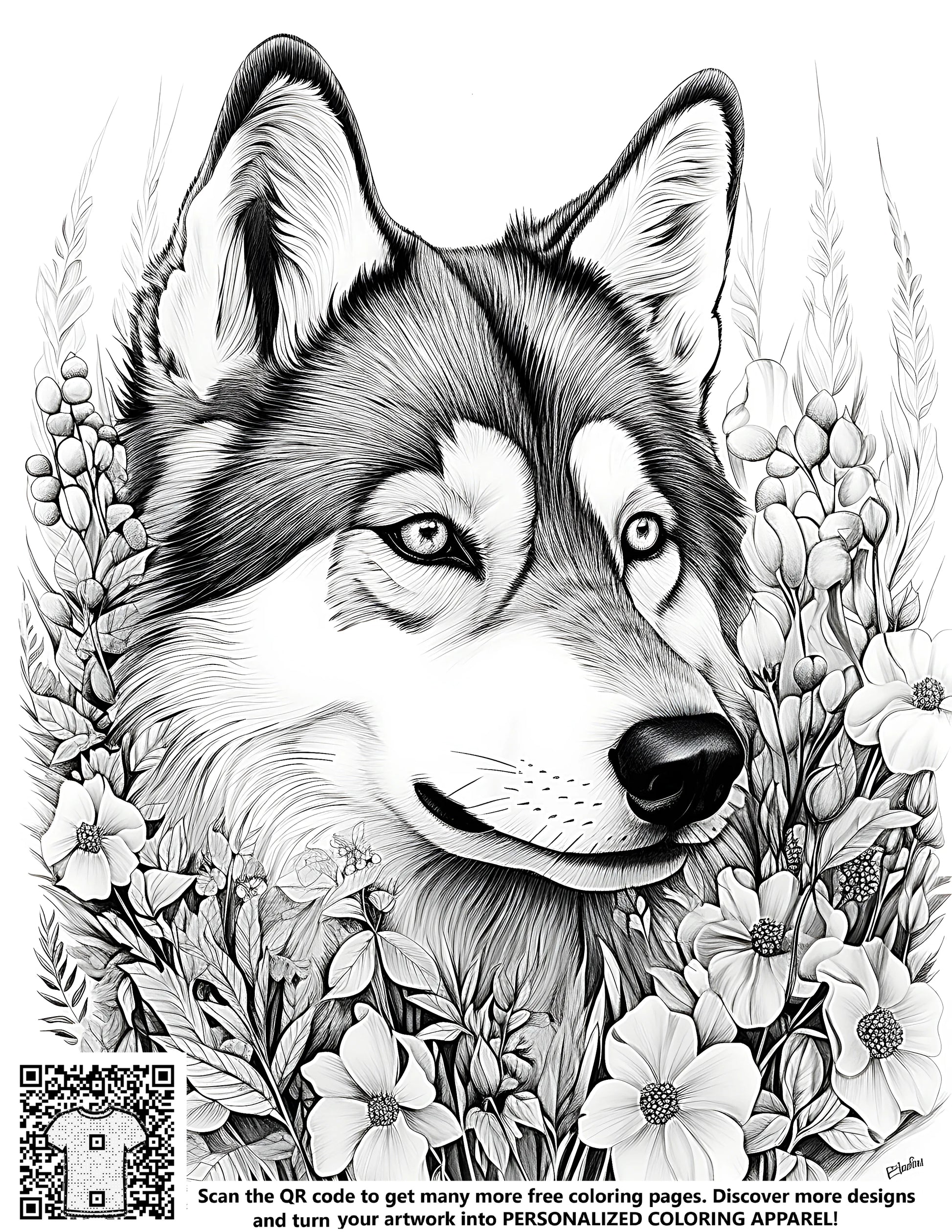 Detailed black and white sketch of wolf's face amidst nature scene with colorful flowers