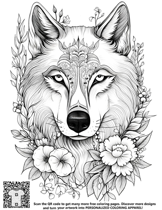 Coloring book page featuring a detailed black and white illustration of a wolf's face adorned by decorative floral elements, perfect for coloring and relaxation